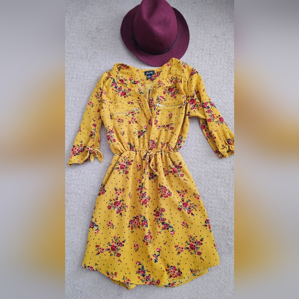 Floral Yellow Dress with Burgundy Hat